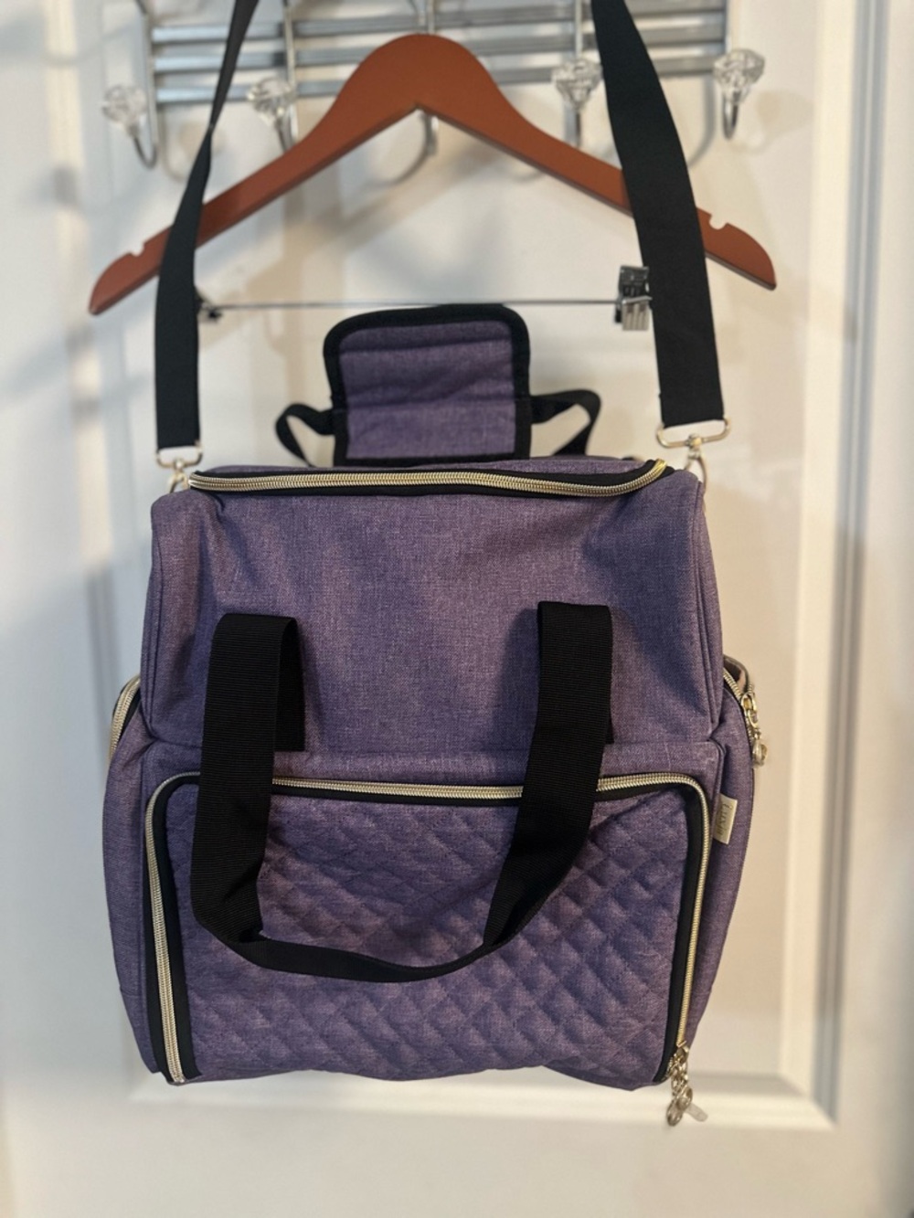 Quilted Purple Baby Diaper Bag Tote with Black Straps